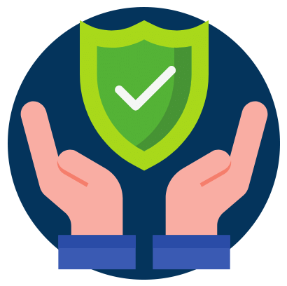 Icon showing information security: two hands cradling a green shield with a white checkmark.