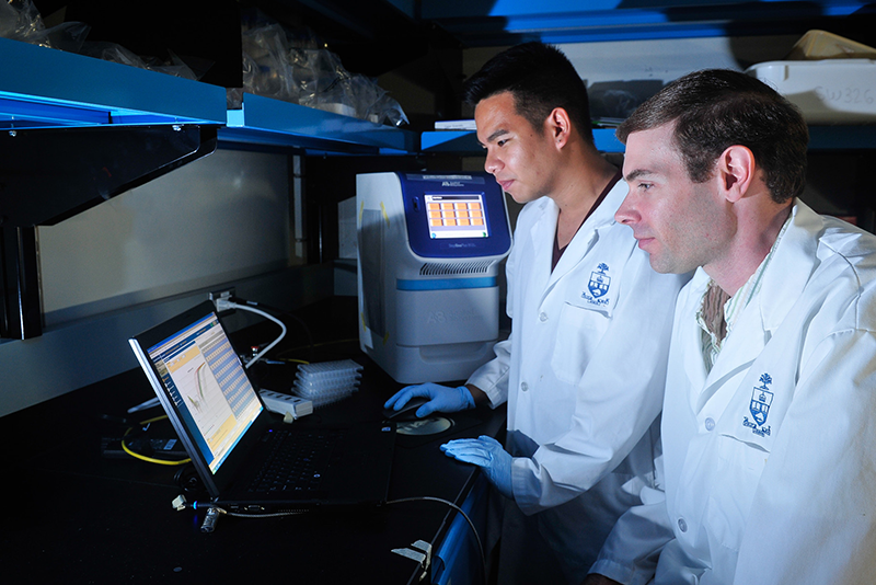 Researchers using a computer in the lab.