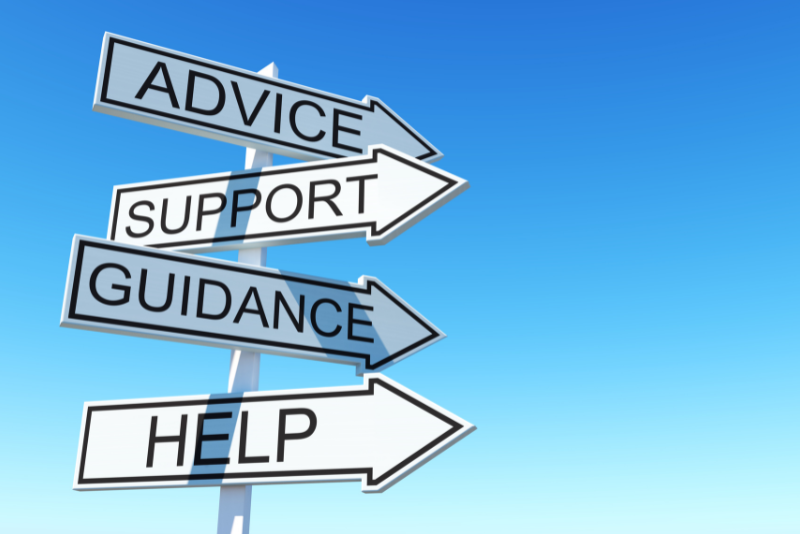 Signs with words such as advice, support, guidance and help