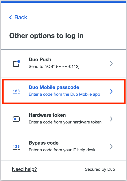 Duo application showing the screen for logging in with other options where the Duo Mobile passcode option is highlighted.