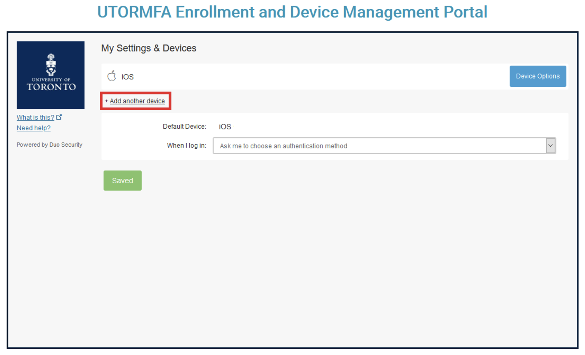Screenshot of the UTORMFA enrollment and device management portal with the option "Add another device" highlighted.