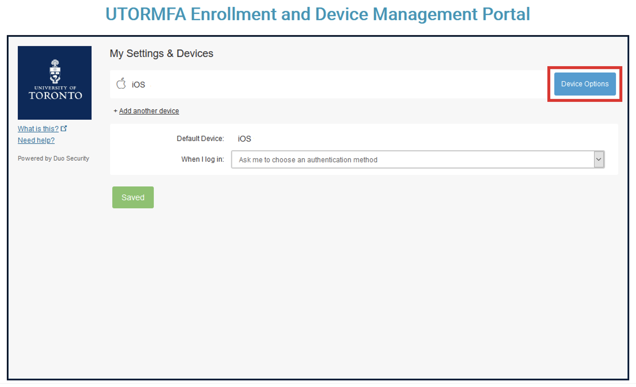 Screenshot of the UTORMFA enrollment and device management portal with the button "Device options" highlighted.