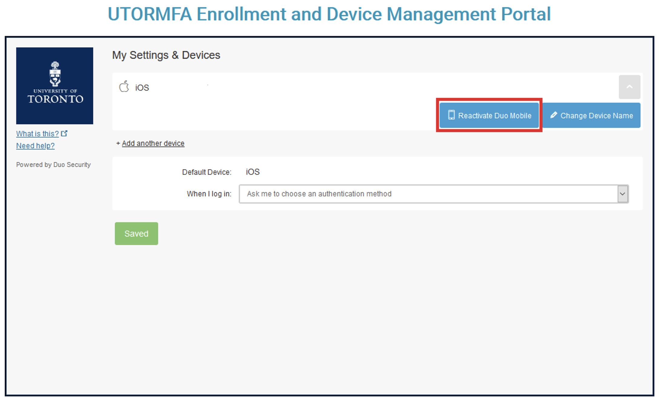 Screenshot of the UTORMFA enrollment and device management portal with the button "Reactivate Duo Mobile" highlighted.