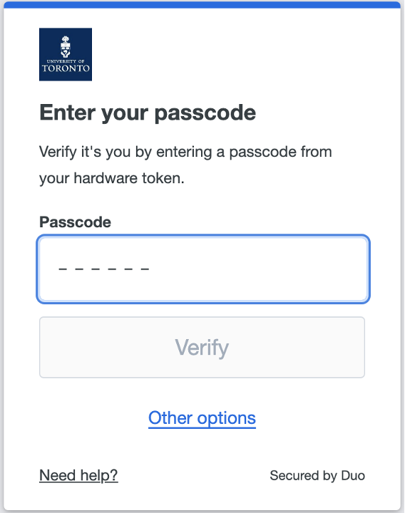 Duo application showing the screen for user to enter their passcode.