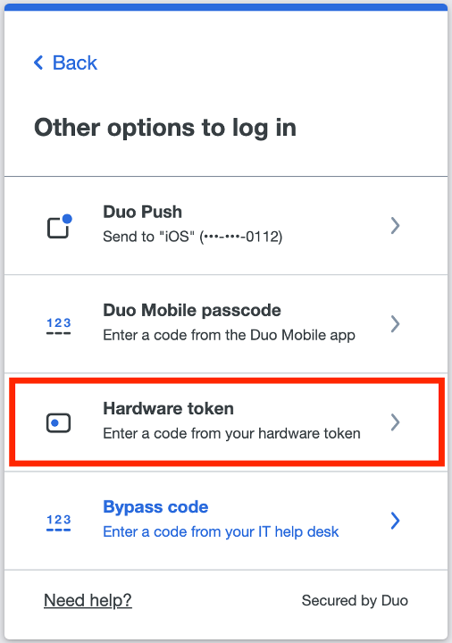 Duo application showing the screen for logging in with other options where the Hardware token option is highlighted.