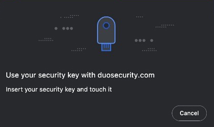 Screen with text: Use your security key with duosecurity.com. Insert your security key and touch it.