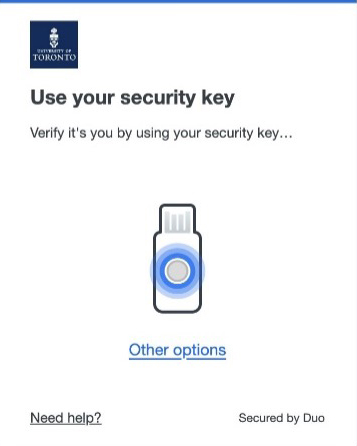 Screen with text: Use your security key. Verify it's you by using your security key.