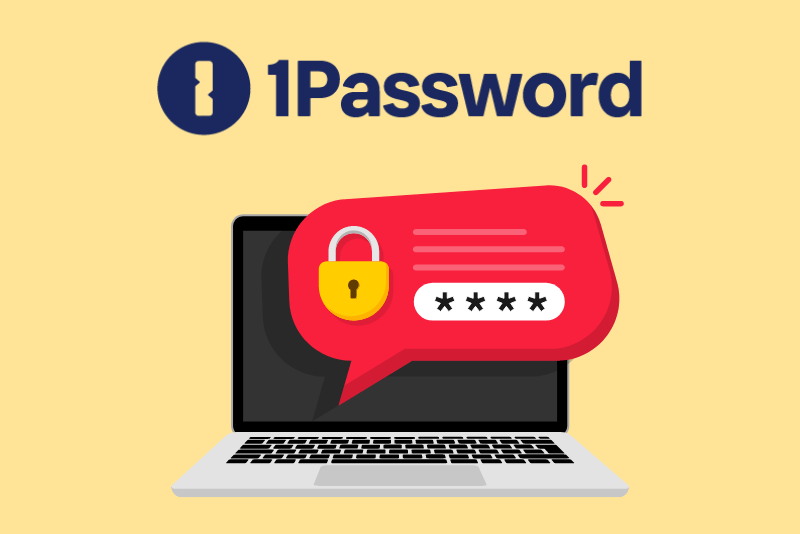 1Password logo with a laptop displaying a secured login prompt.