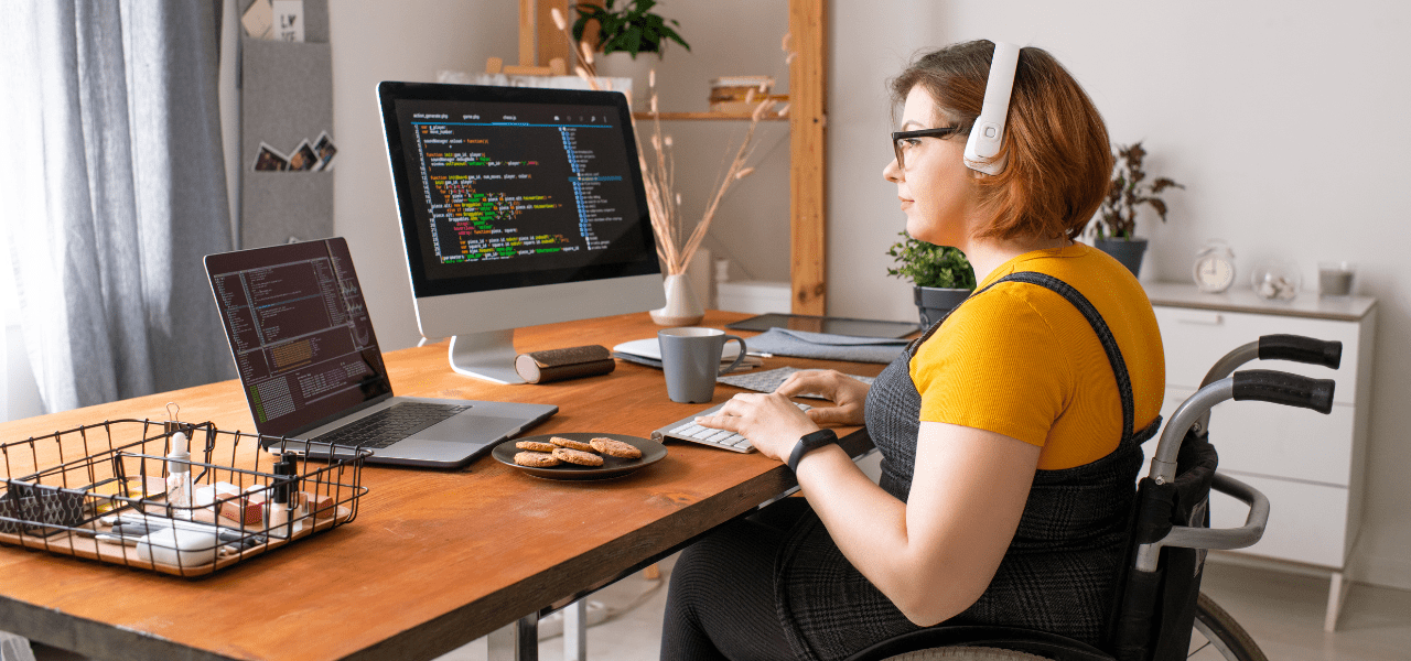 A person working from home by using her laptop.