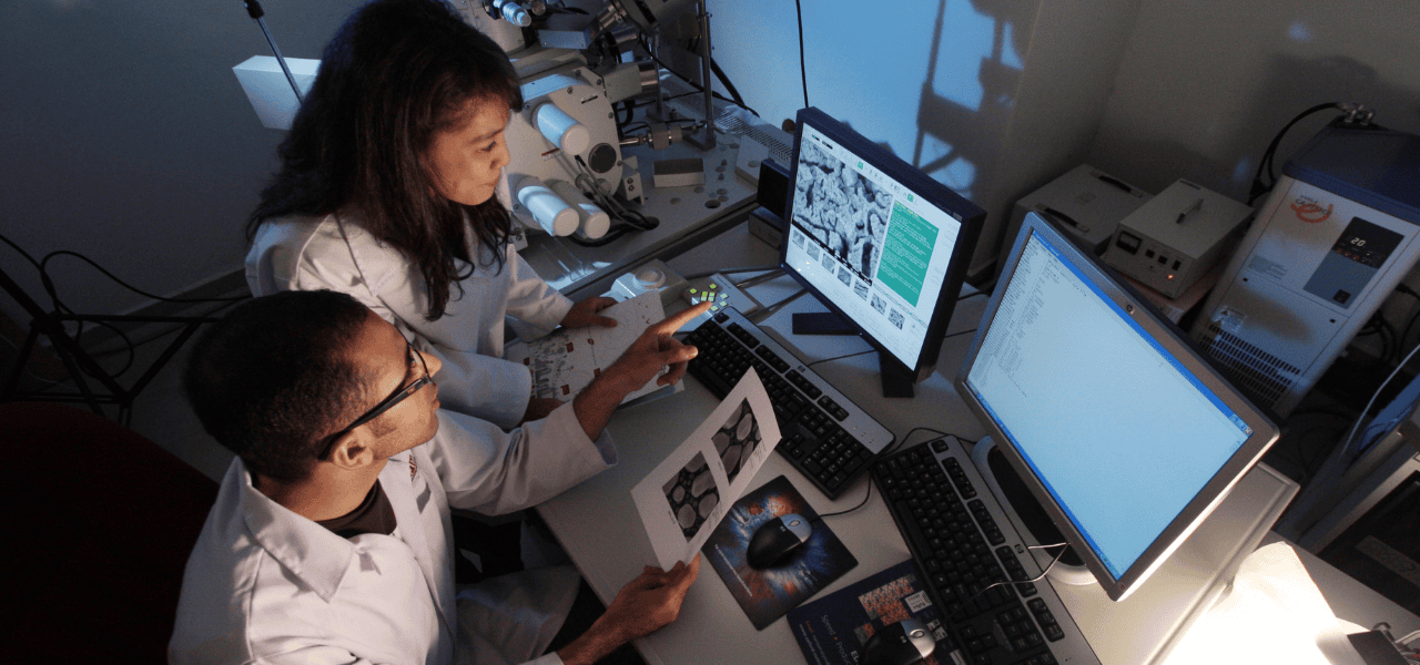 Researchers studying their data on a computer monitor