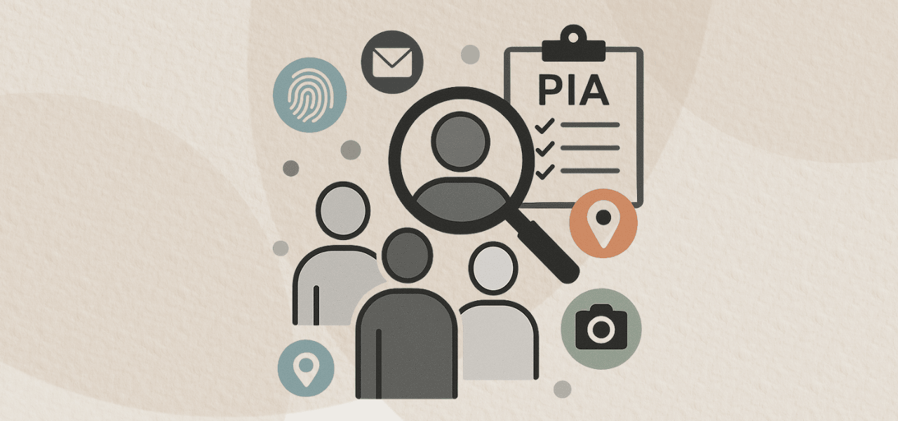 Illustration of people with icons representing digital applications and a PIA checklist.