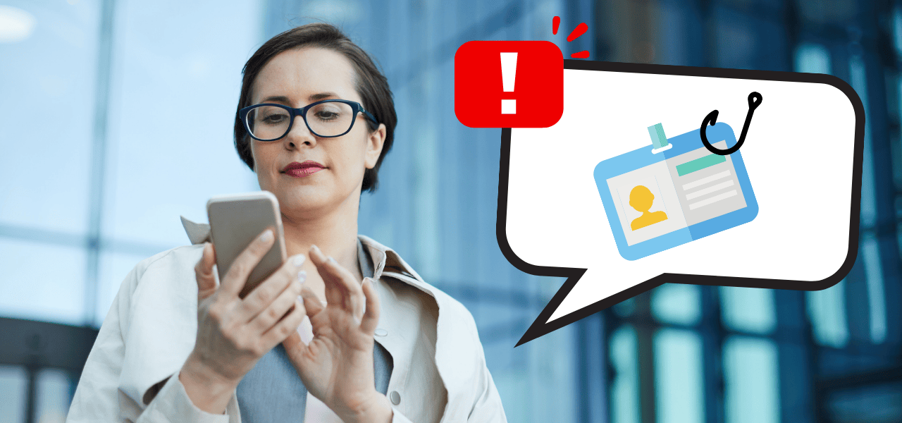 A woman carefully reviews a potentially fraudulent message on her mobile phone.