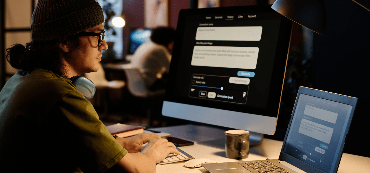 Person at a desk using two screens with AI web interfaces, in a dimly lit shared workspace with others in the background.