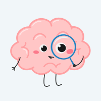 A curious character in the shape of a brain holding a magnifying glass