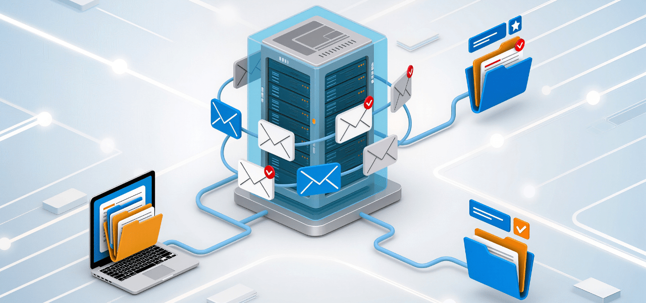 Illustration of a central server securely exchanging emails and files with laptops and folders through a connected network.