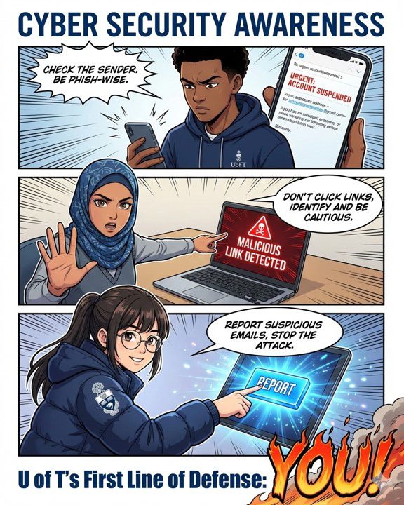 A three-panel cyber security awareness comic showing individuals checking messages for phishing, avoiding malicious links on a laptop, and reporting suspicious emails.