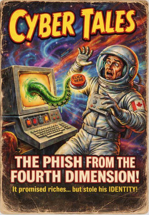 A retro-style sci‑fi poster showing an astronaut being targeted by a tentacle emerging from a computer screen.