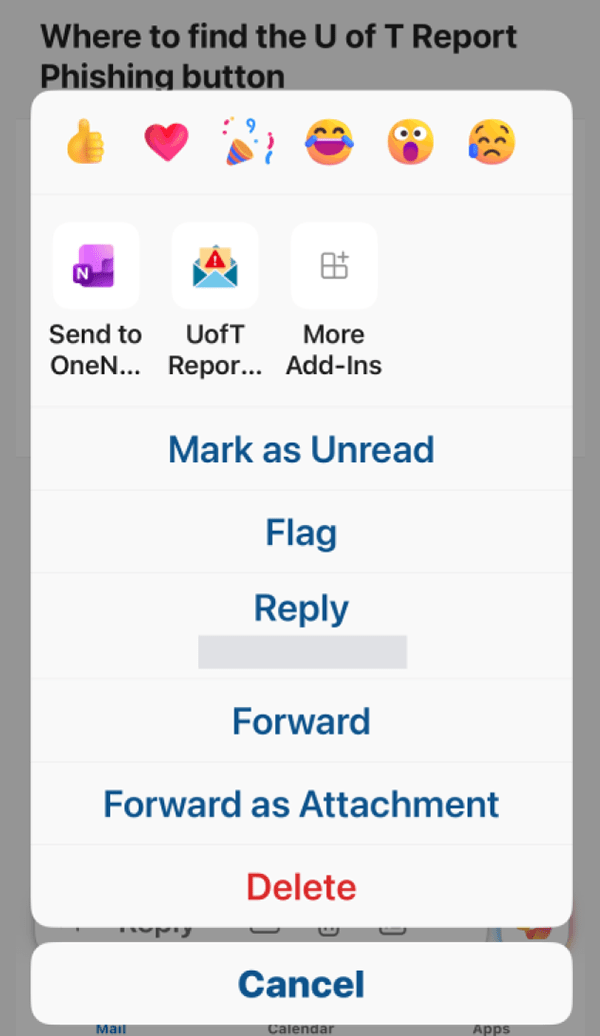 The Report Phishing button at the bottom of the iOS email action menu.