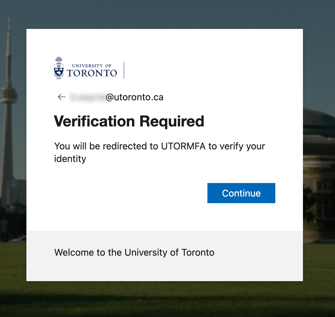 Popup on the sign-in screen with the text, "Verification Required: You will be redirected to UTOFMFA to verify your identity"