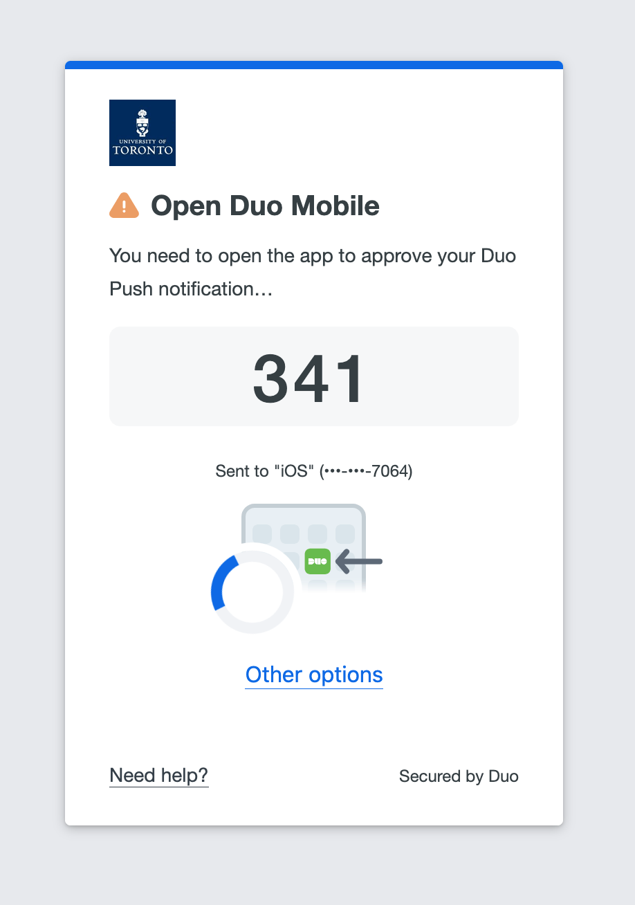 Popup on the sign-in screen with the text, "Open Duo Mobile: You need to open the app to approve your Duo Push notification"