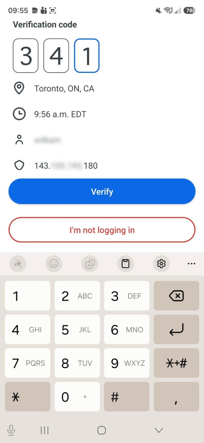 Screenshot of the Android mobile app that shows the verification code